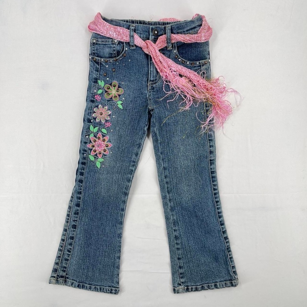 Vintage Y2K Arizona Girl's Size 6 Bootcut Denim Jeans Flower Embroidered Flared